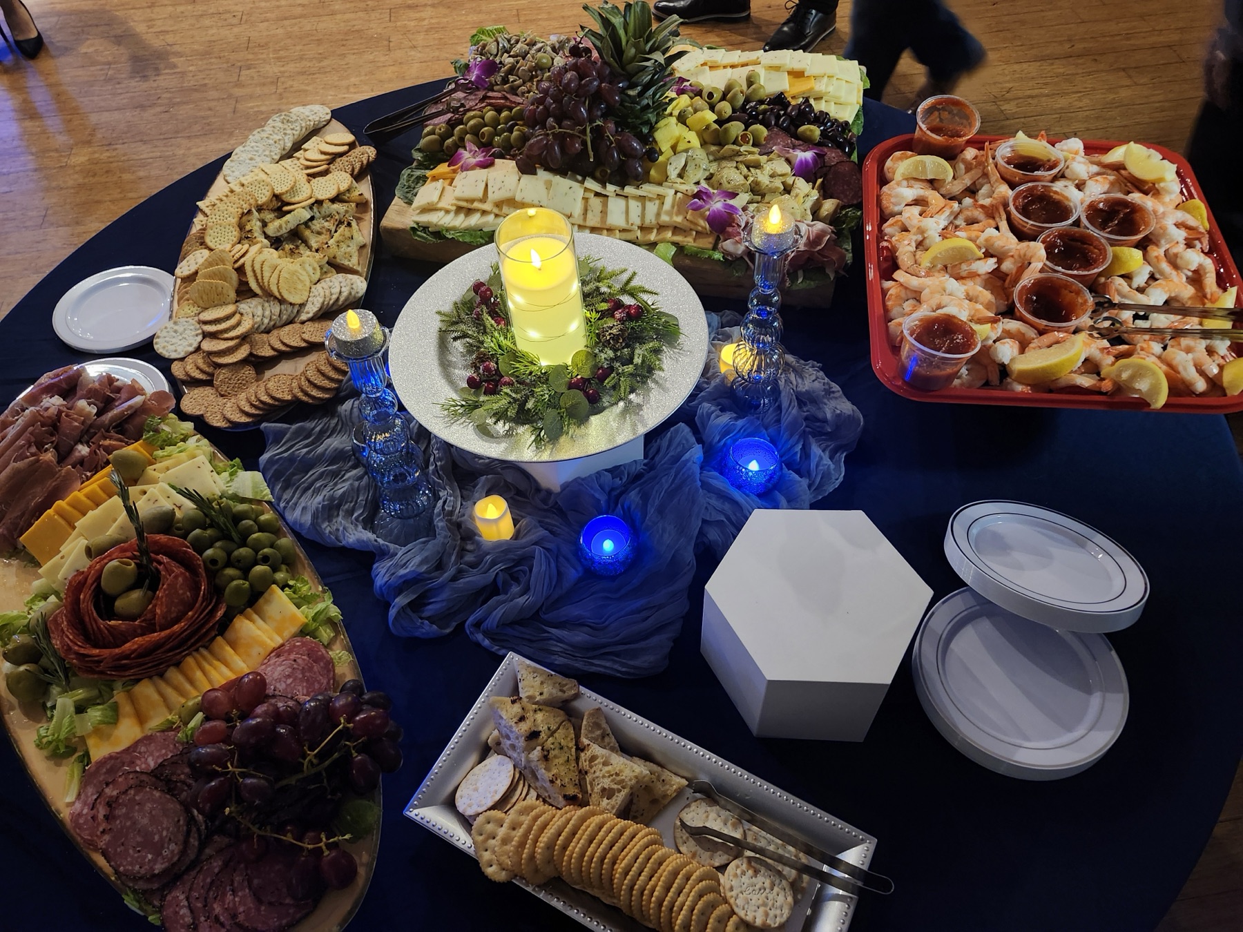 A full catering spread laid out for a club event