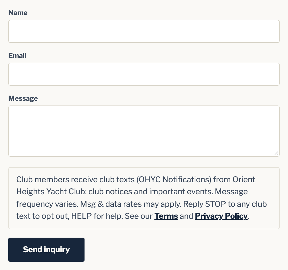 The membership inquiry form on the club website, with the club texts notice above the Send inquiry button: club notices and important events, message frequency varies, message and data rates may apply, reply STOP to opt out, HELP for help, with links to the terms and privacy policy.